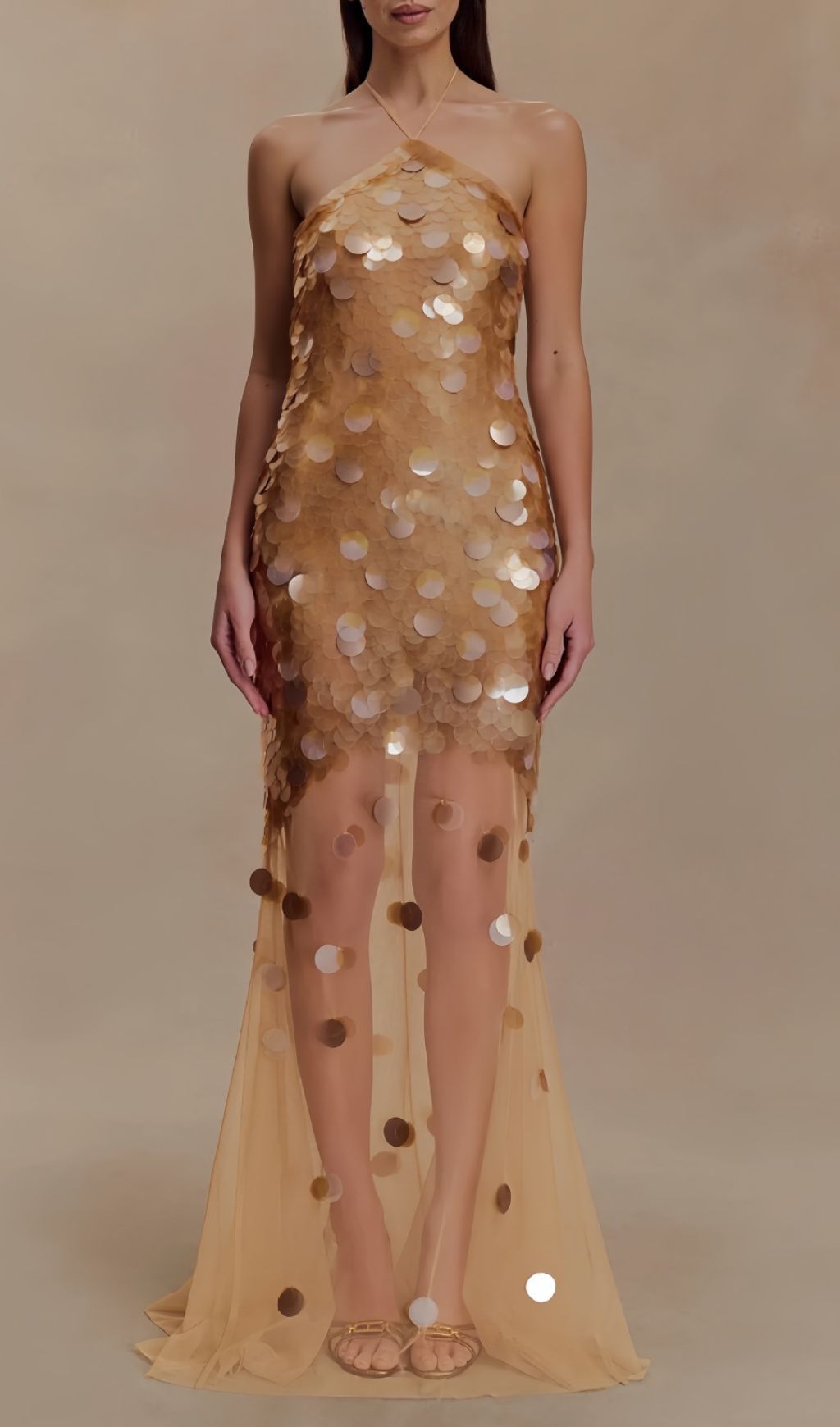 Radiant Gold Sequin Halter Maxi Dress - Sheer Mesh Gown for Glamorous Evenings