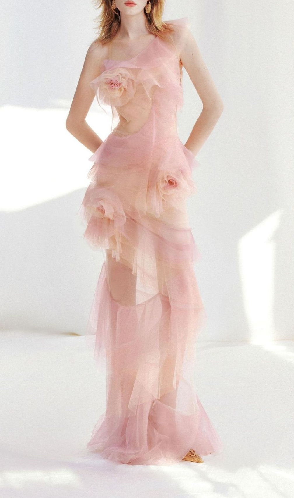 Kline Gradient Pink Ruffle Mesh Flower Maxi Dress
