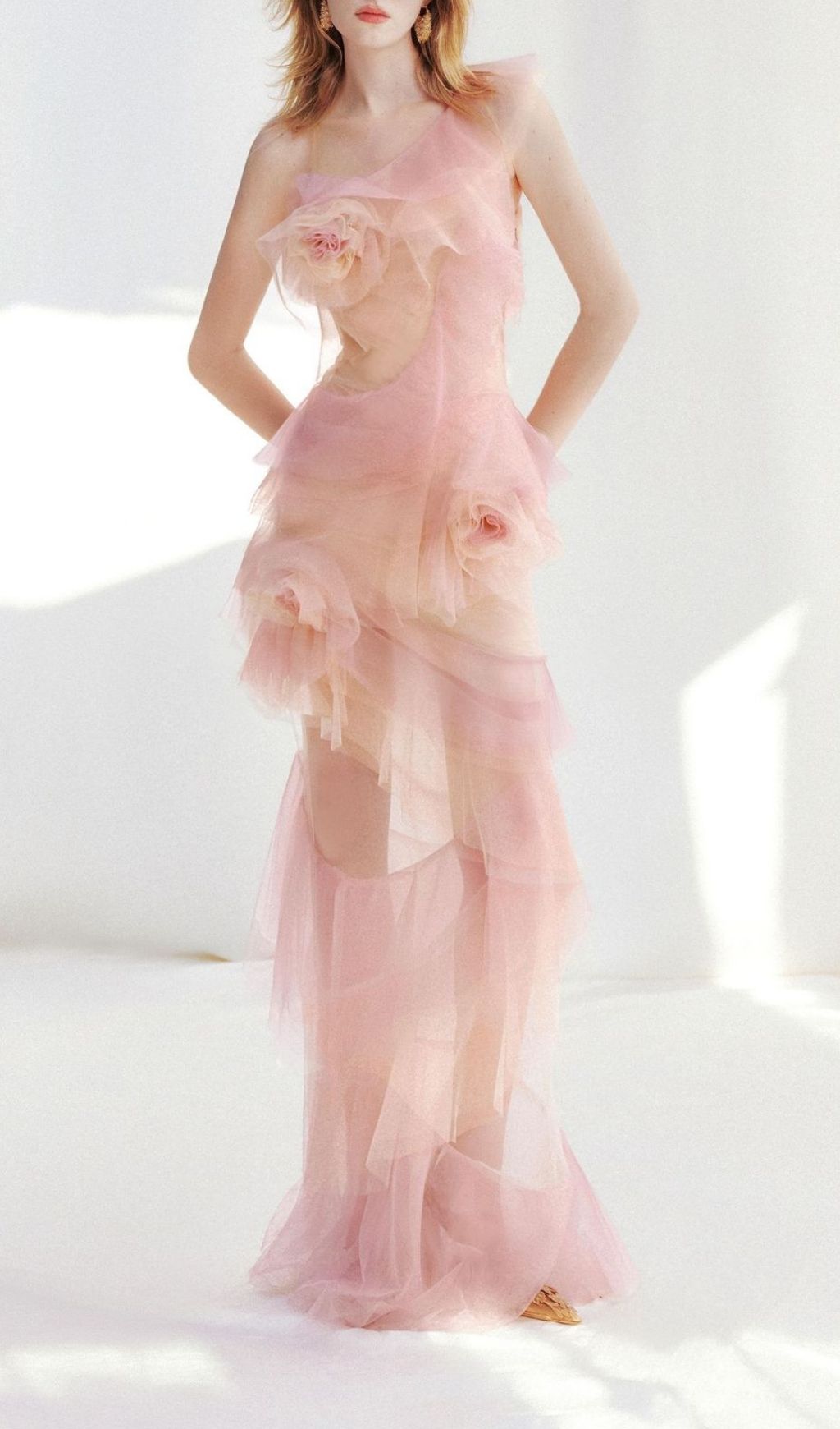 Kline Gradient Pink Ruffle Mesh Flower Maxi Dress