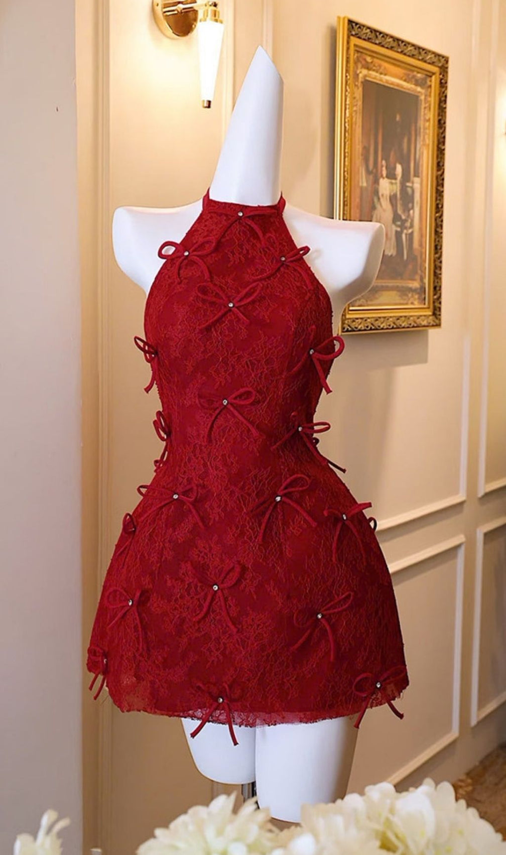 Kanon Enchanting Red Lace Halter Mini Dress with Dazzling Bows