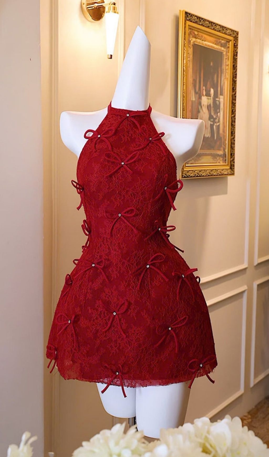 Kanon Enchanting Red Lace Halter Mini Dress with Dazzling Bows
