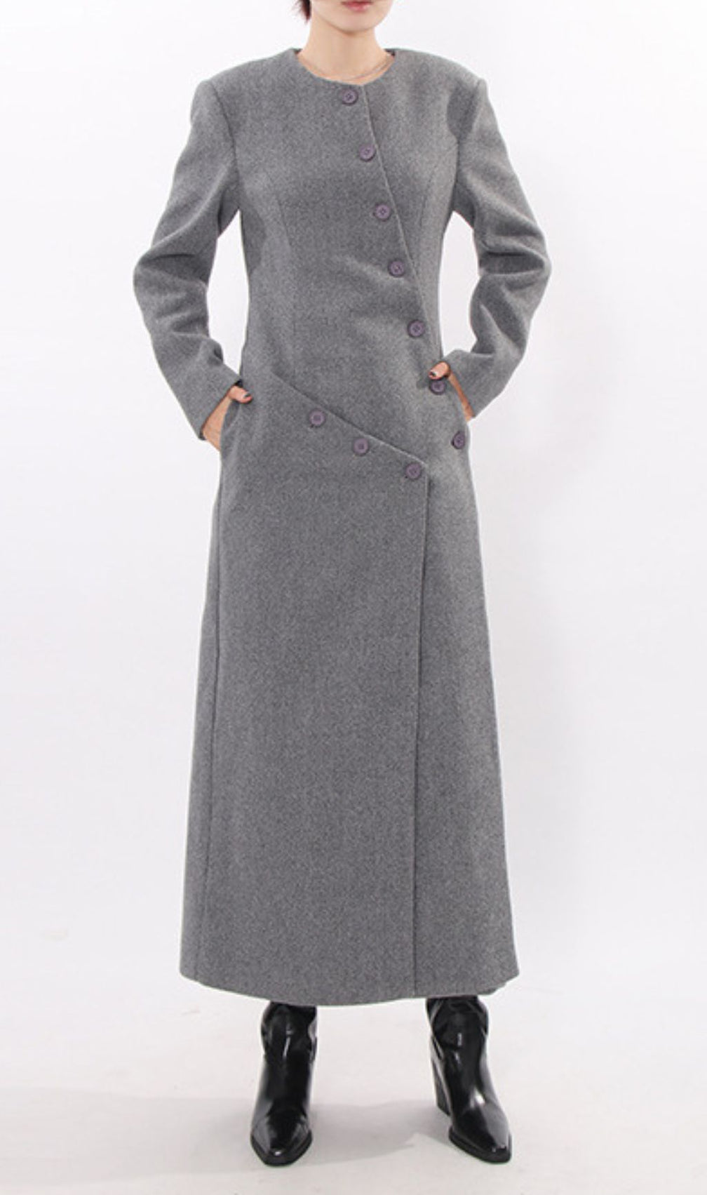 Iekika Elegant Grey Maxi Coat - Chic Asymmetrical Purple Button Outerwear for Women
