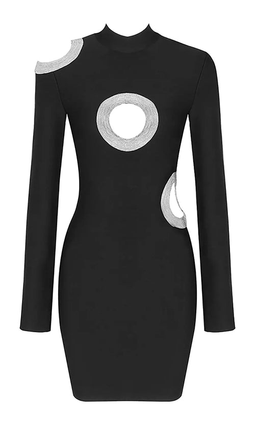 Daring Black Beaded Ring Cutout Bandage Mini Dress | Long Sleeve High Neck Party Glamour