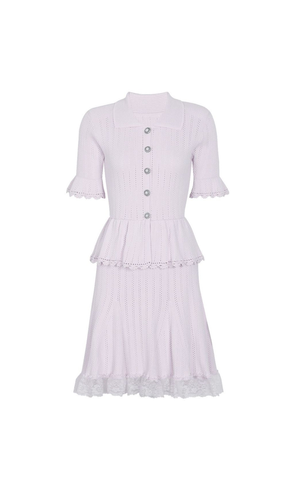 Khosrow Lilac Knit Peplum Mini Dress | Chic Lace Trim & Polo Collar