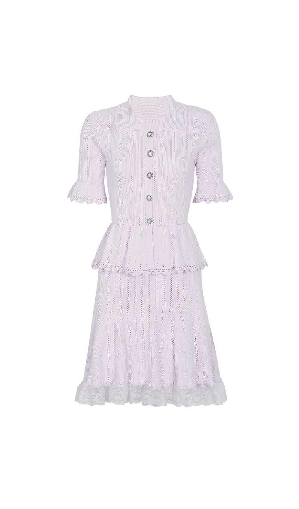 Khosrow Lilac Knit Peplum Mini Dress | Chic Lace Trim & Polo Collar