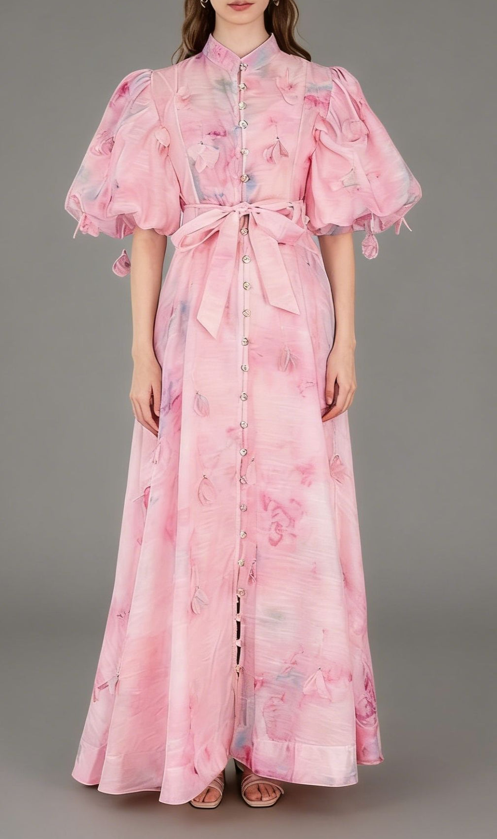 Karli Romantic Pink Floral Puff-Sleeve Maxi Dress | Elegant Chiffon Gown