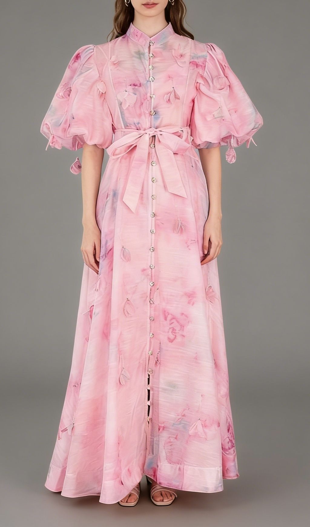 Karli Romantic Pink Floral Puff-Sleeve Maxi Dress | Elegant Chiffon Gown