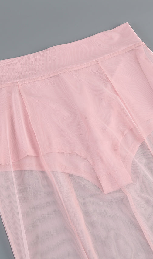 Ilham Chic Pink Tailored Blazer & Sheer Mesh Maxi Skirt Set - Modern Statement Ensemble