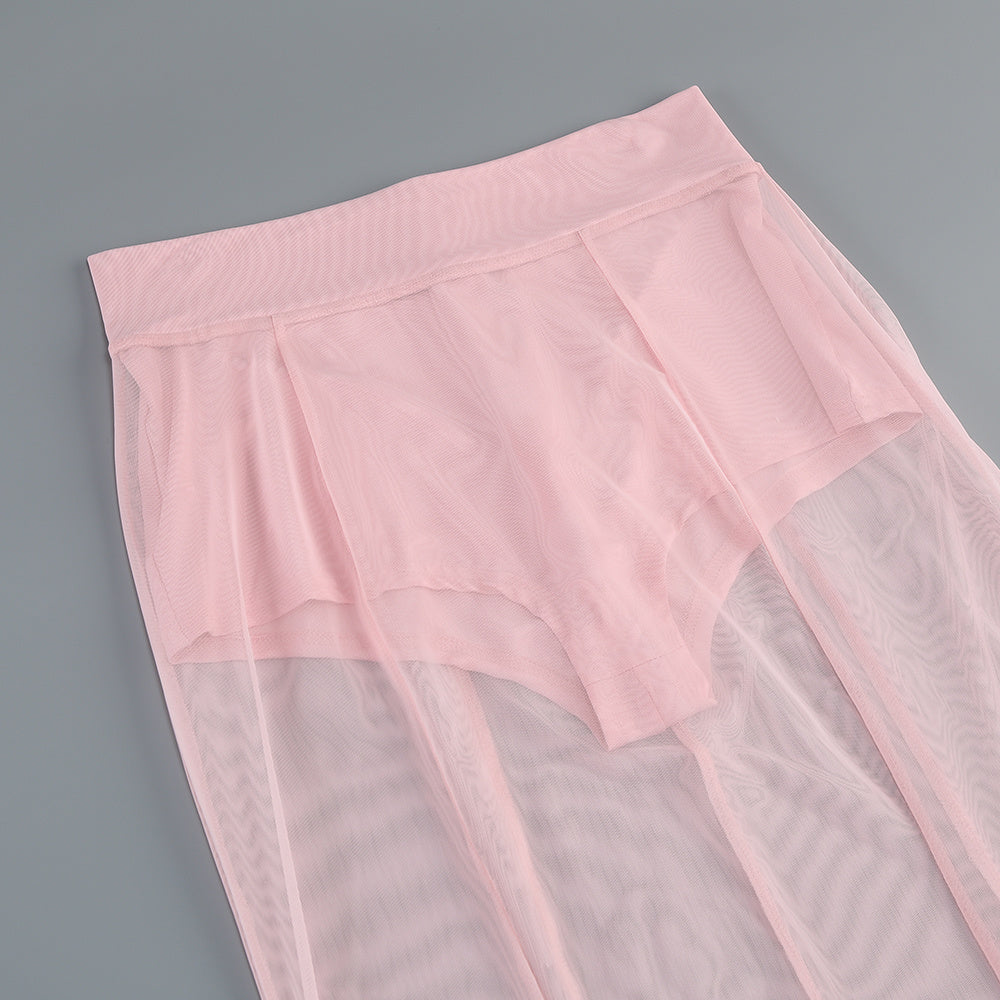Ilham Chic Pink Tailored Blazer & Sheer Mesh Maxi Skirt Set - Modern Statement Ensemble