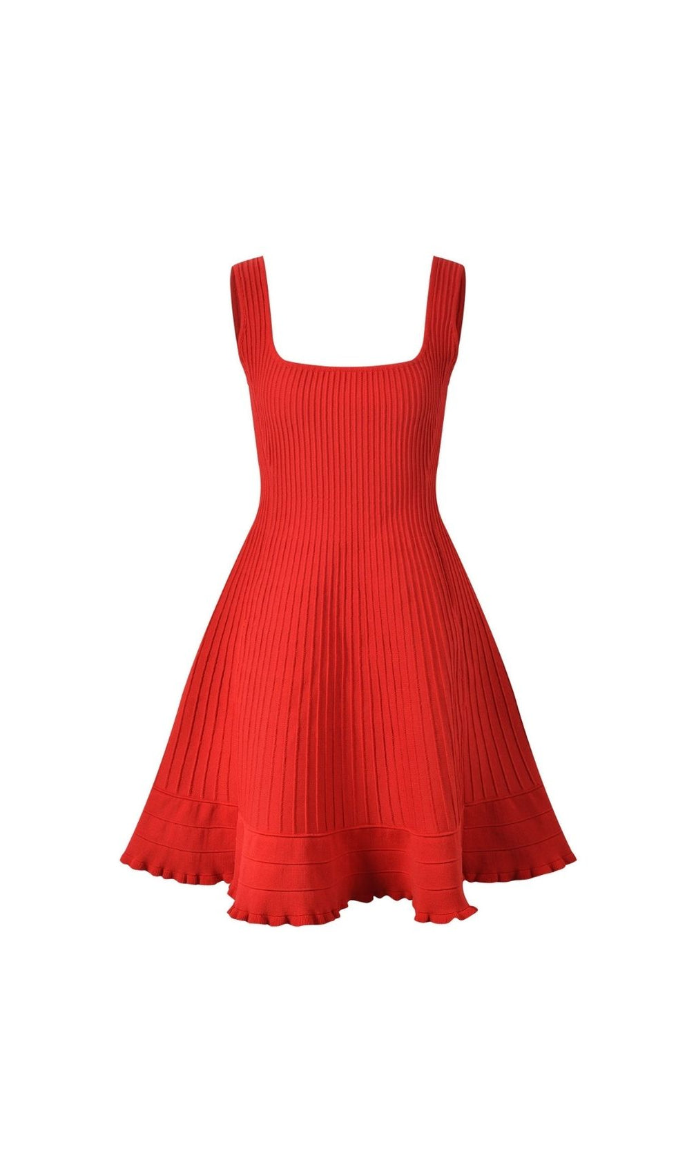 Vibrant Red Rib-Knit Fit & Flare Mini Dress | Chic Square Neck Sleeveless