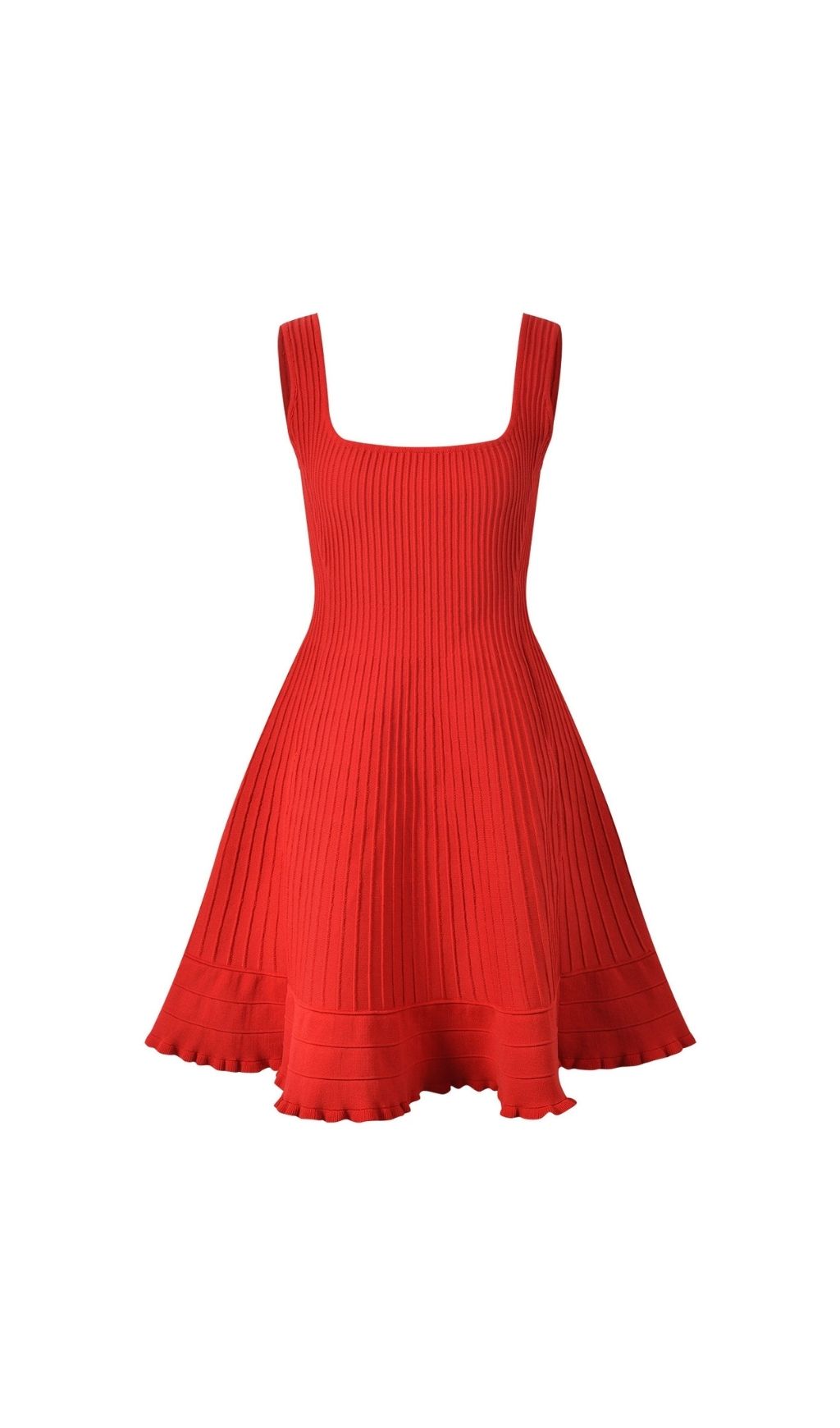 Vibrant Red Rib-Knit Fit & Flare Mini Dress | Chic Square Neck Sleeveless