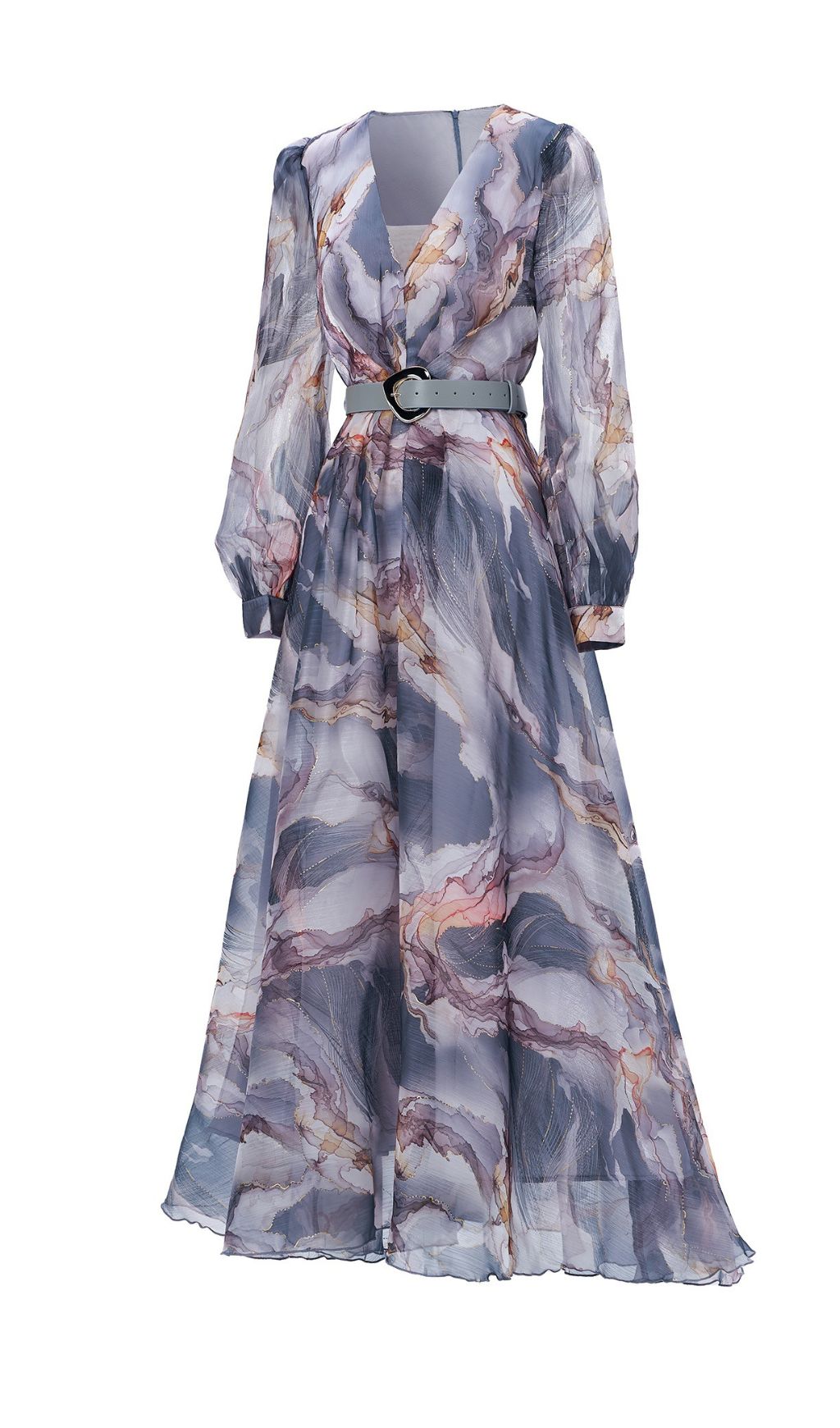 Feryal Grey Printed Long Sleeve Maxi Dress
