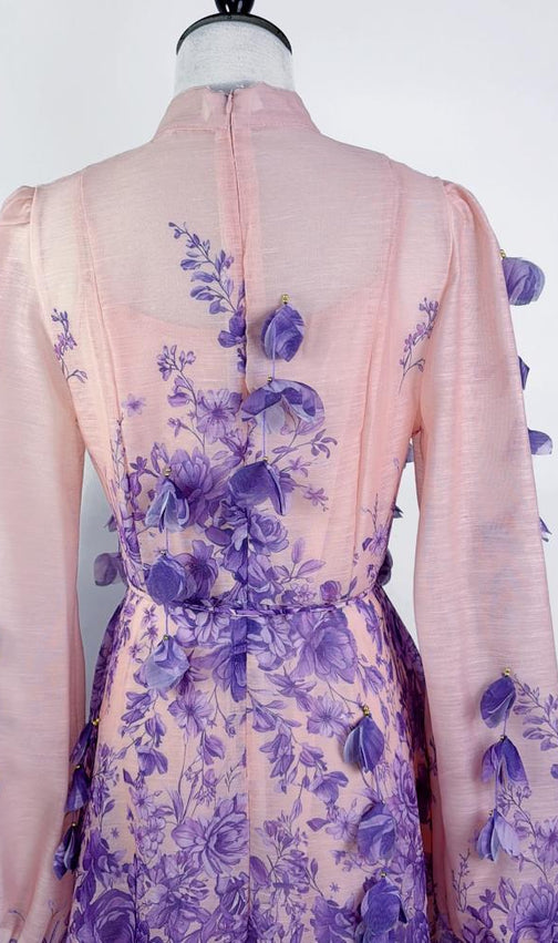 Karsyn Enchanted Garden Pink & Purple Floral Maxi Dress | 3D Petal Long Sleeve