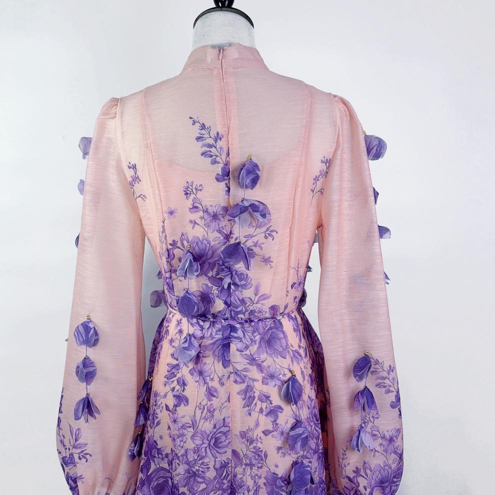 Karsyn Enchanted Garden Pink & Purple Floral Maxi Dress | 3D Petal Long Sleeve