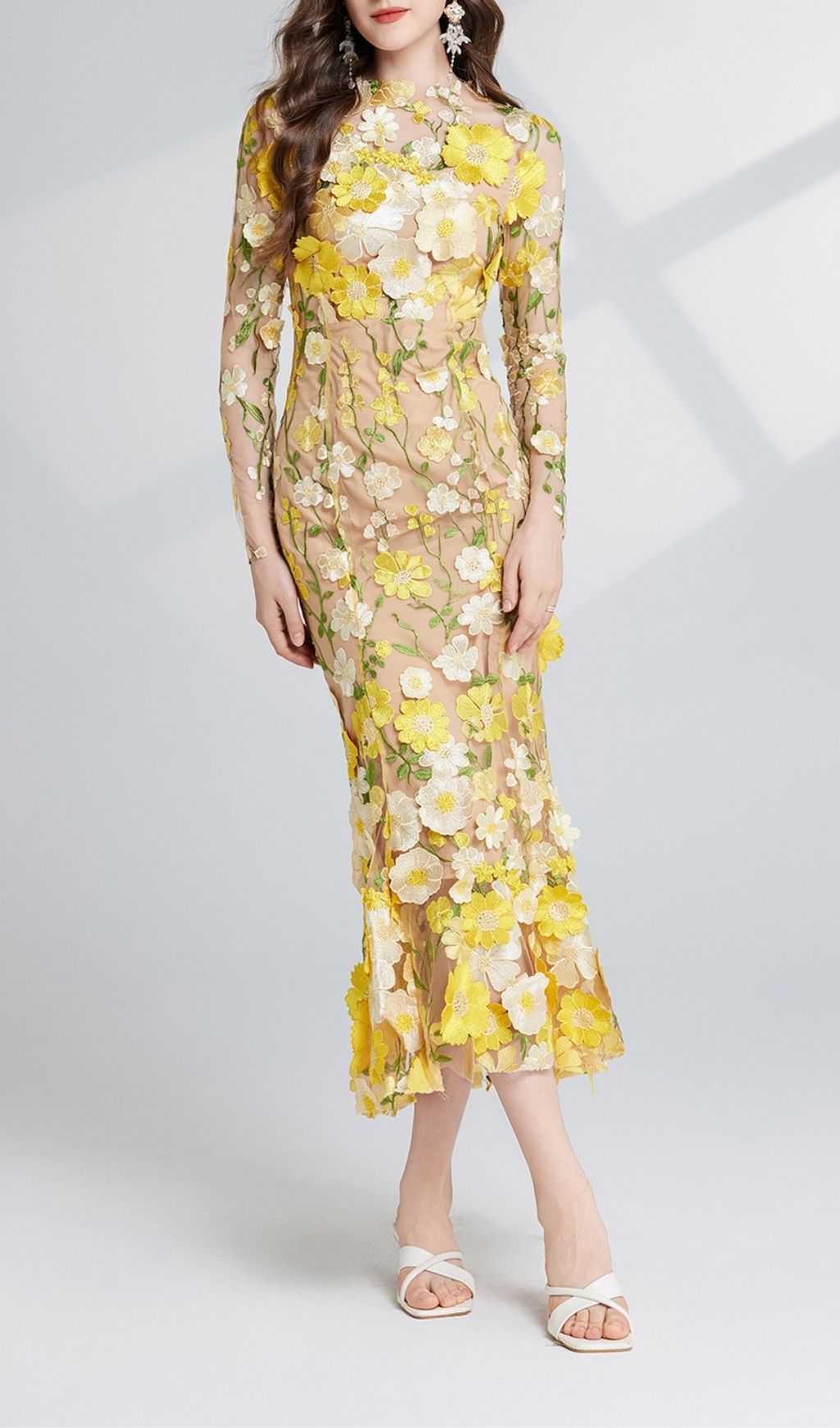 Carol Yellow Floral Embroidery Mesh Fishtail Long Sleeve Midi Dress