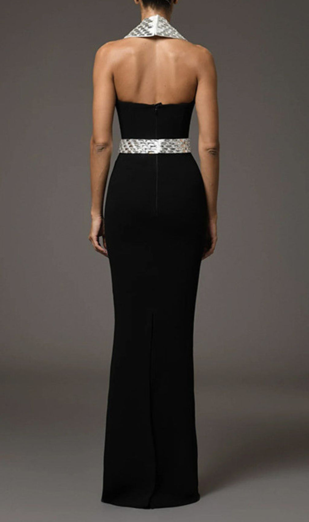 Jaide Black Crystal Halter Maxi Gown: Daring Slit & Red Carpet Glamour