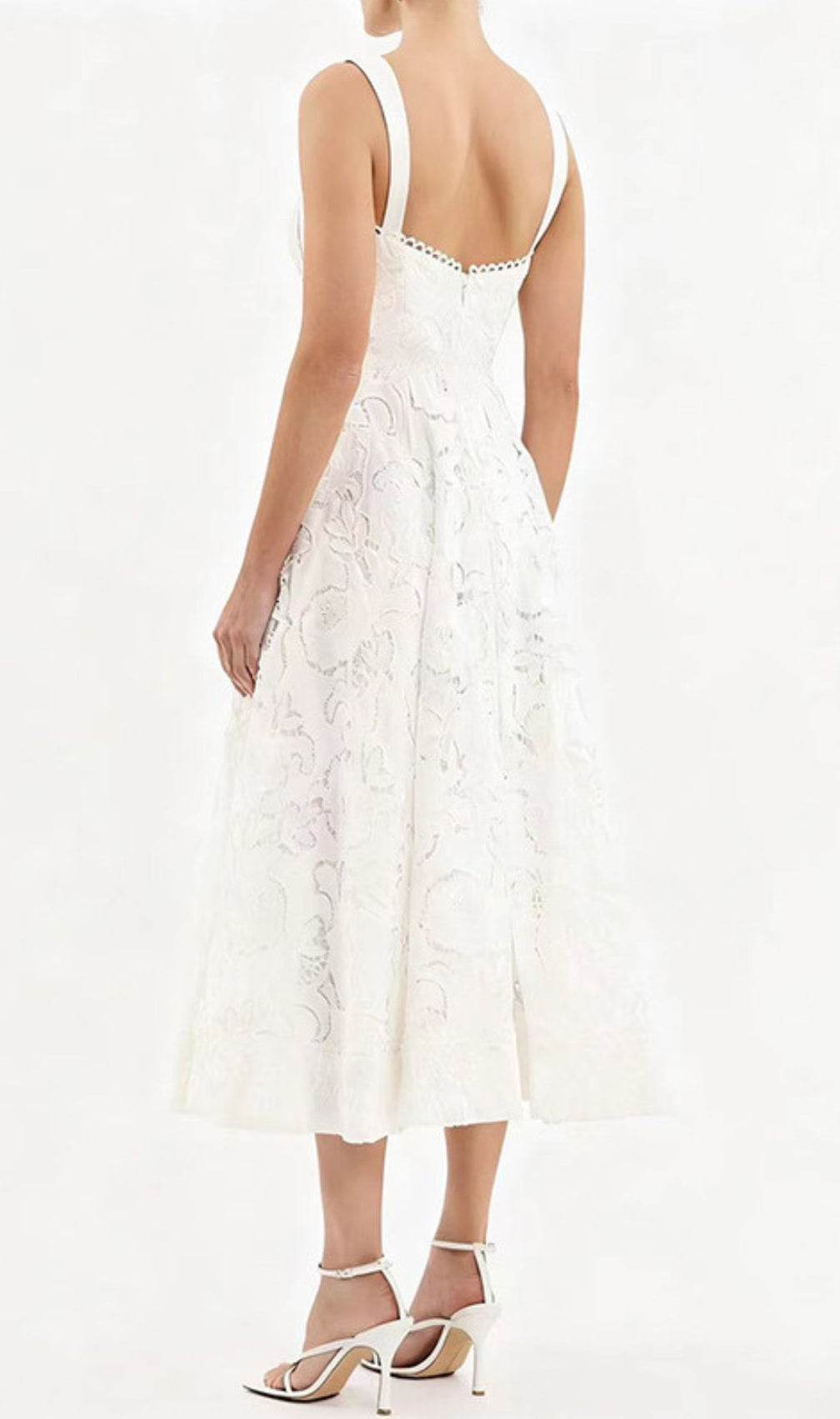 Jenelle Elegant White Floral Embroidered Midi Dress | Strappy Square Neck for Summer Events