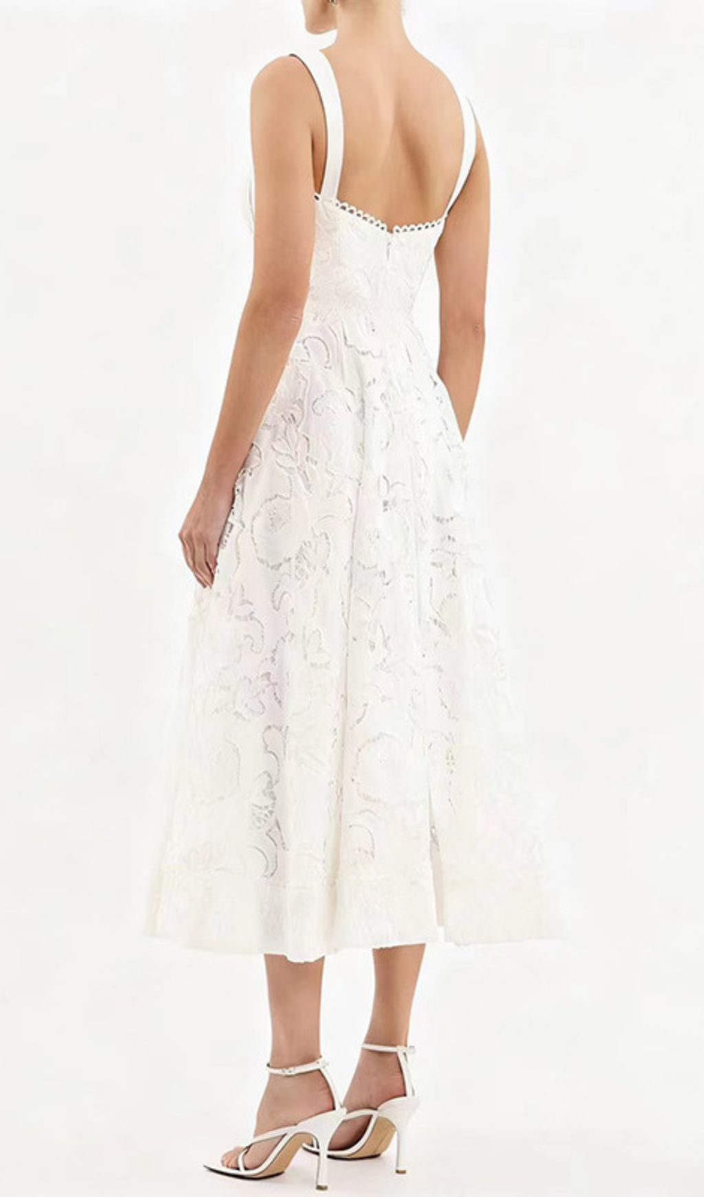 Jenelle Elegant White Floral Embroidered Midi Dress | Strappy Square Neck for Summer Events