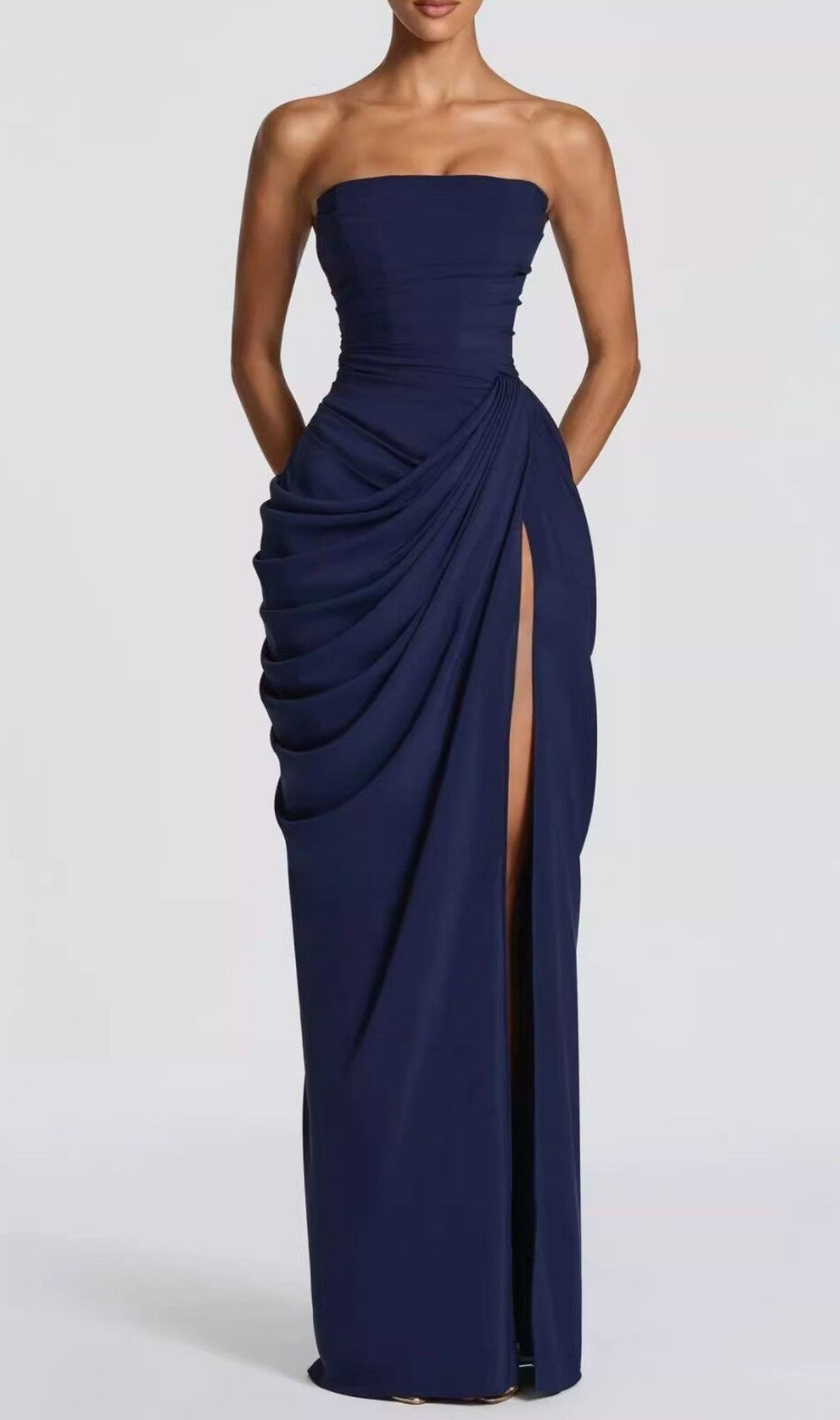 Keilah Strapless Ruched Maxi Dress: Elegant & Figure-Flattering Gown with High Slit