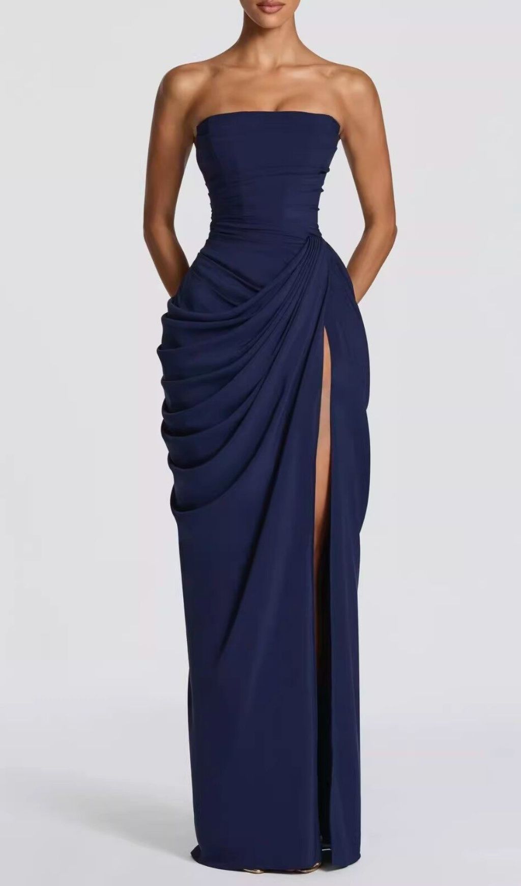 Keilah Strapless Ruched Maxi Dress: Elegant & Figure-Flattering Gown with High Slit