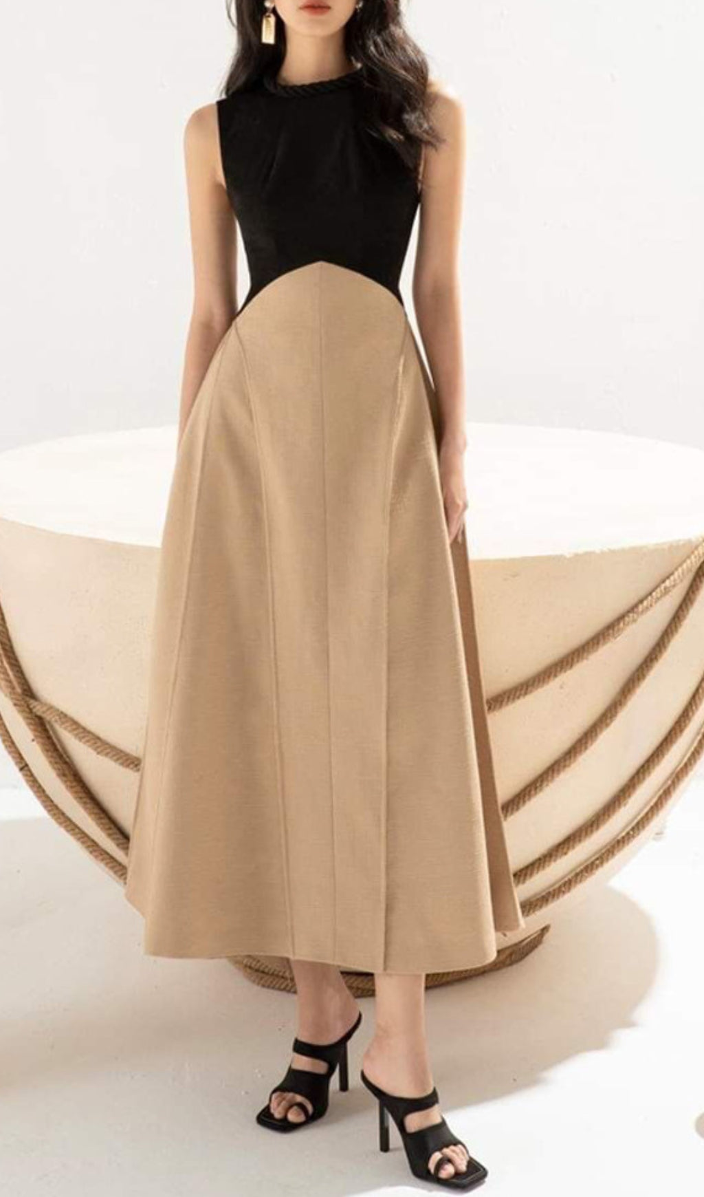 Baden Round Collar Patchwork Midi Dress