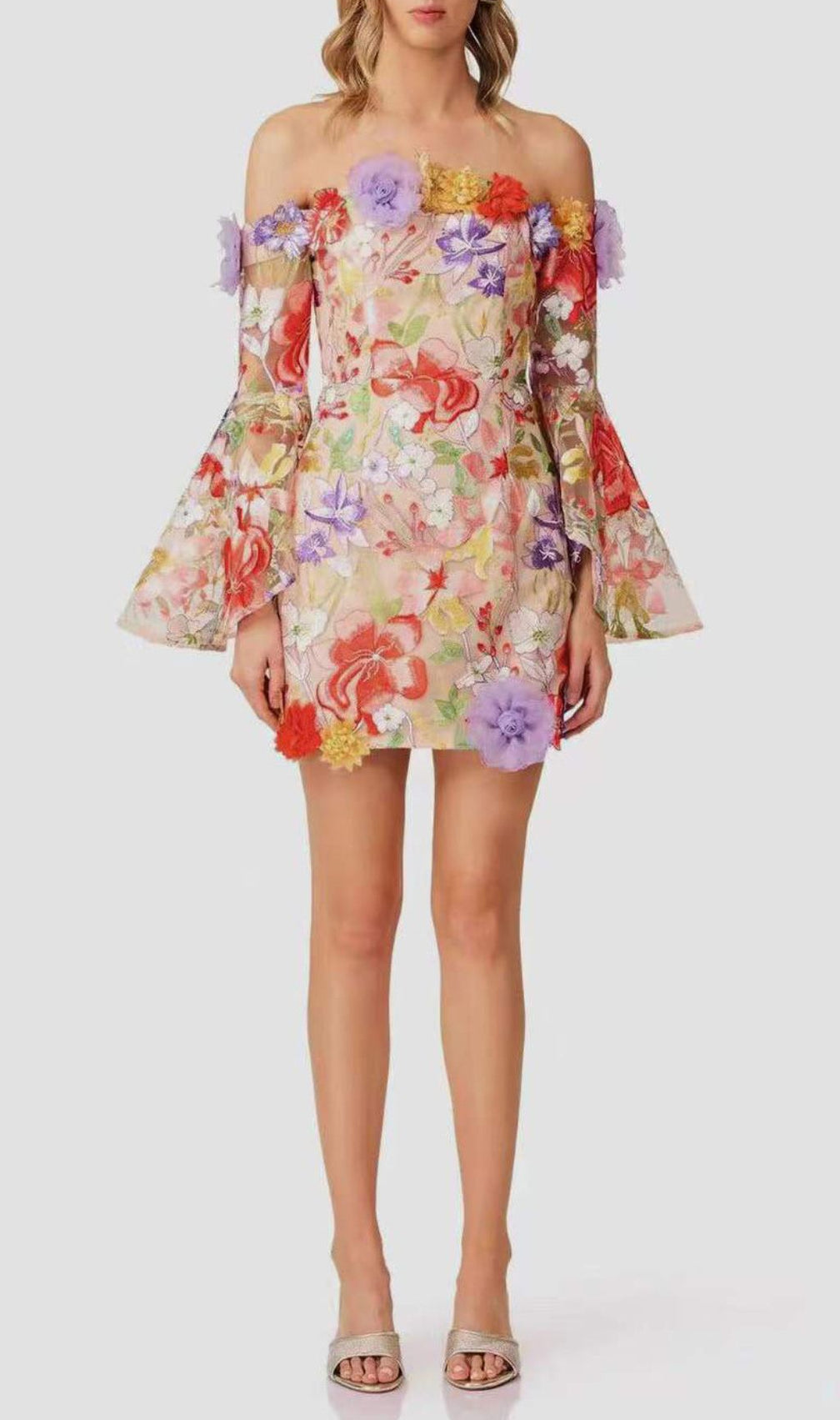 Iga Floral Embroidered Off-Shoulder Mini Dress | Whimsical 3D Blooms & Bell Sleeves