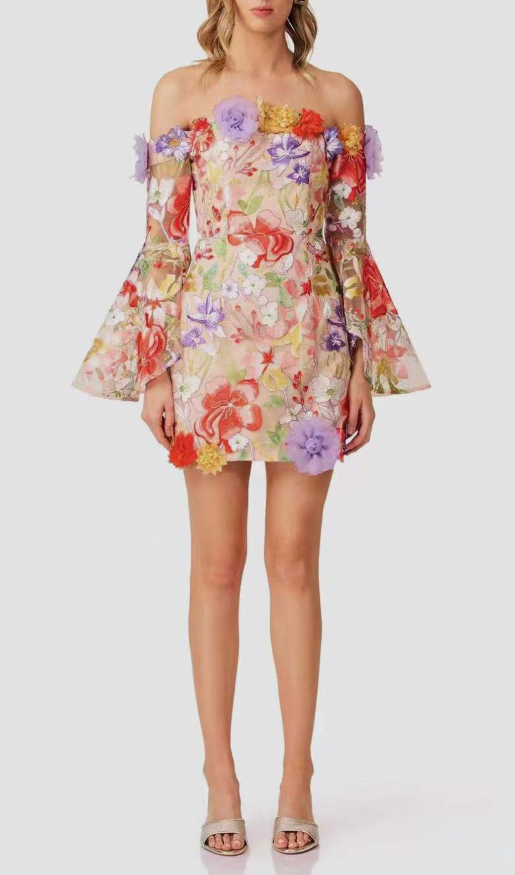 Iga Floral Embroidered Off-Shoulder Mini Dress | Whimsical 3D Blooms & Bell Sleeves