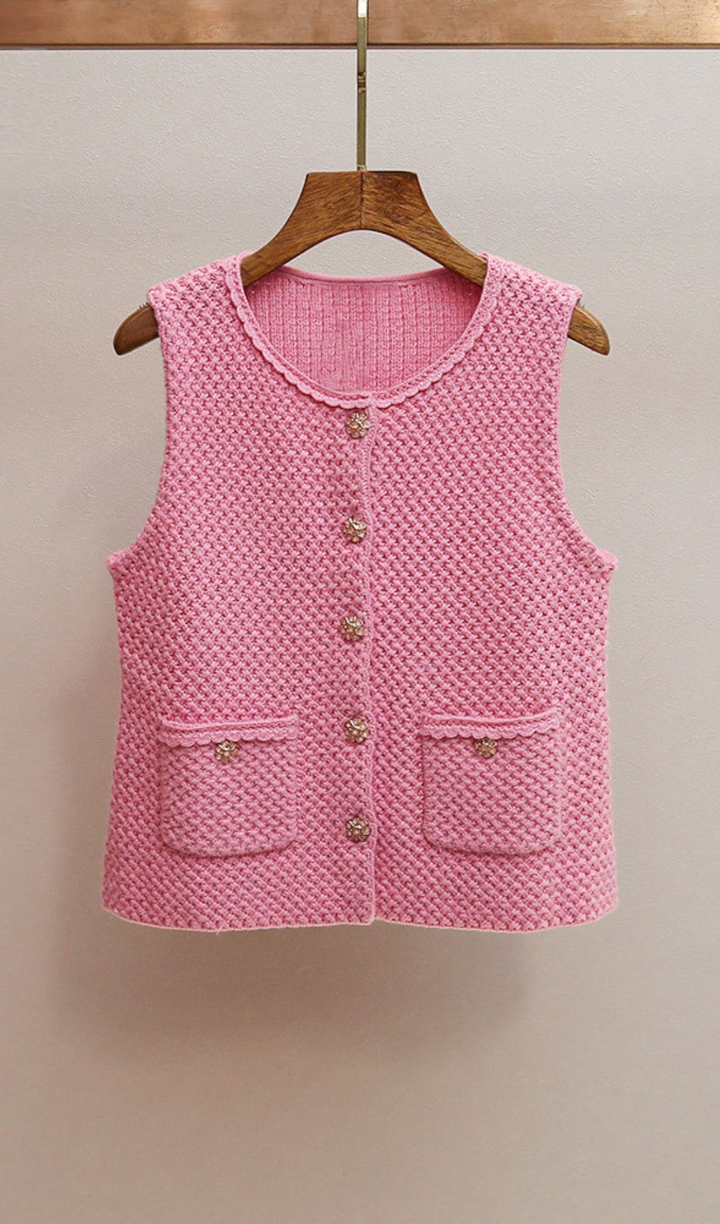Chic Pink Knit Vest for Women | Elegant Scalloped Neckline & Gold Button Details