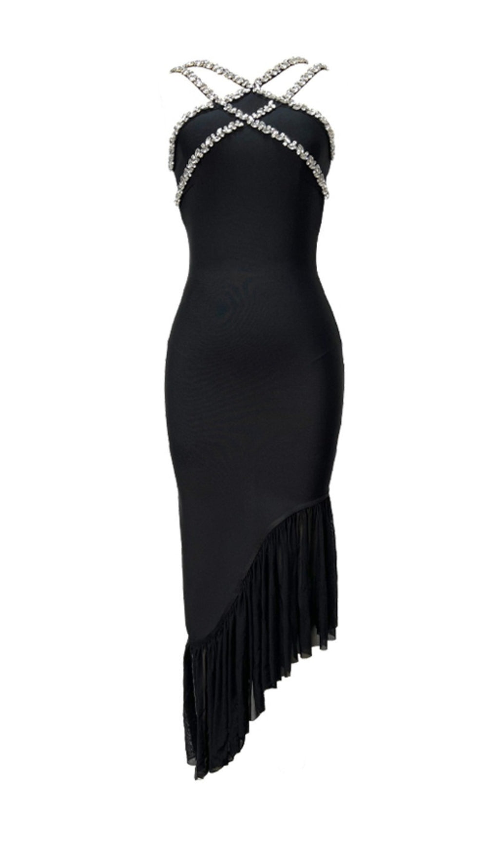 Allete Halter Crystal Ruffle Maxi Dress