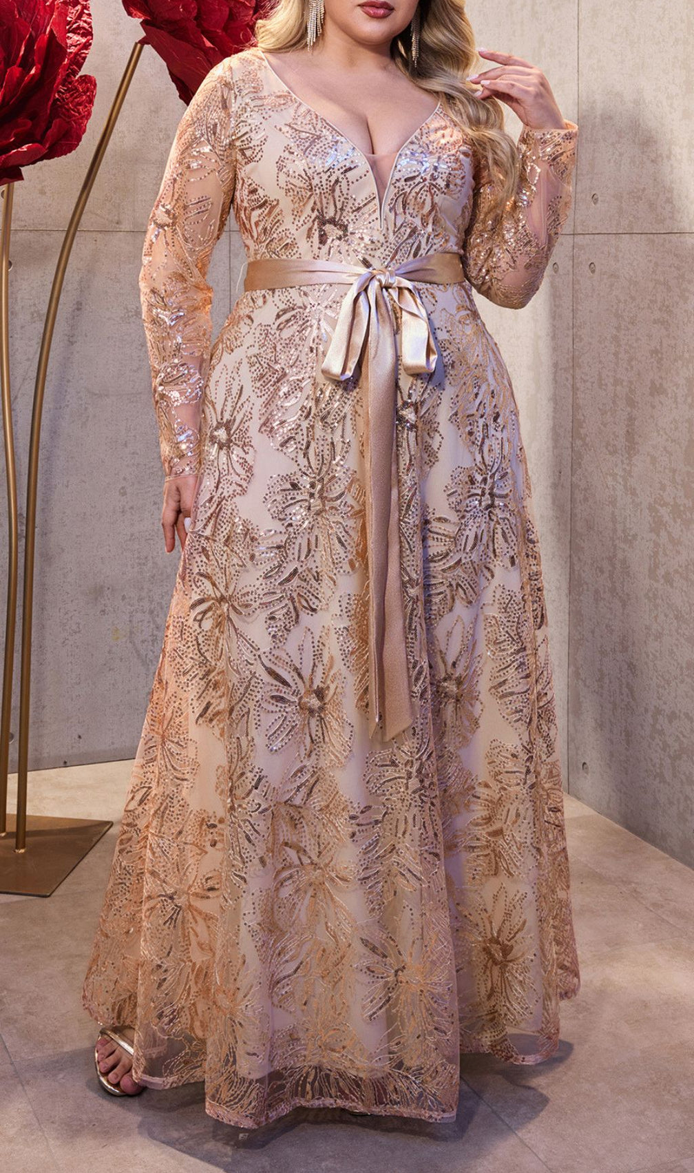 Ioanna Dazzling Rose Gold Sequin Plus Size Maxi Dress - Long Sleeve V-Neck Formal Gown