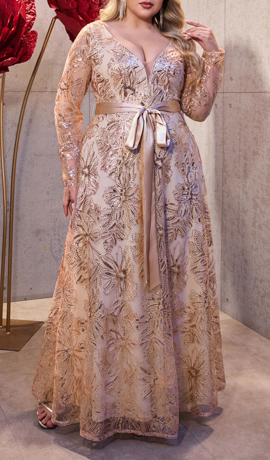 Ioanna Dazzling Rose Gold Sequin Plus Size Maxi Dress - Long Sleeve V-Neck Formal Gown