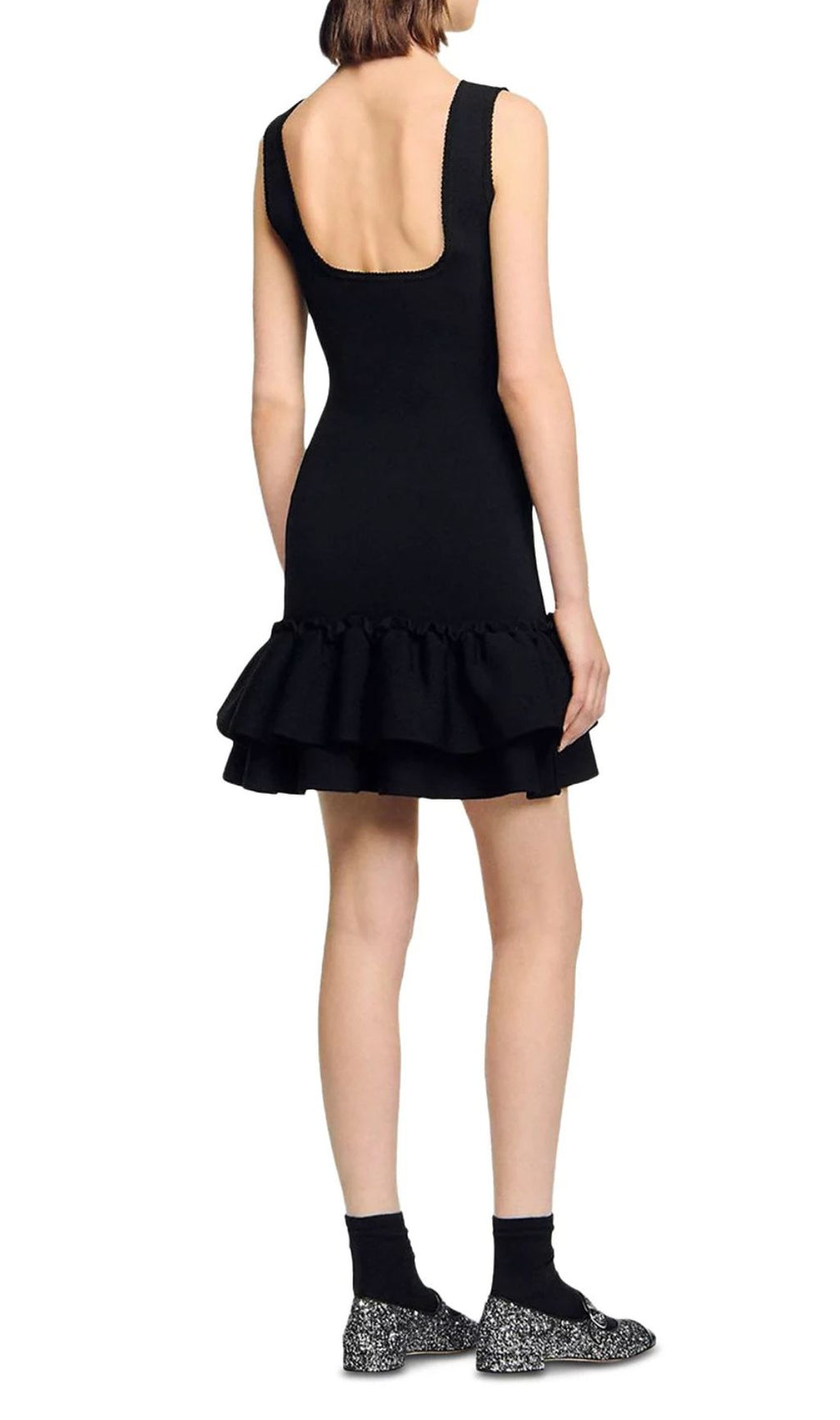Modern Chic: Black Square Neck Ruffled Knit Mini Dress for Women