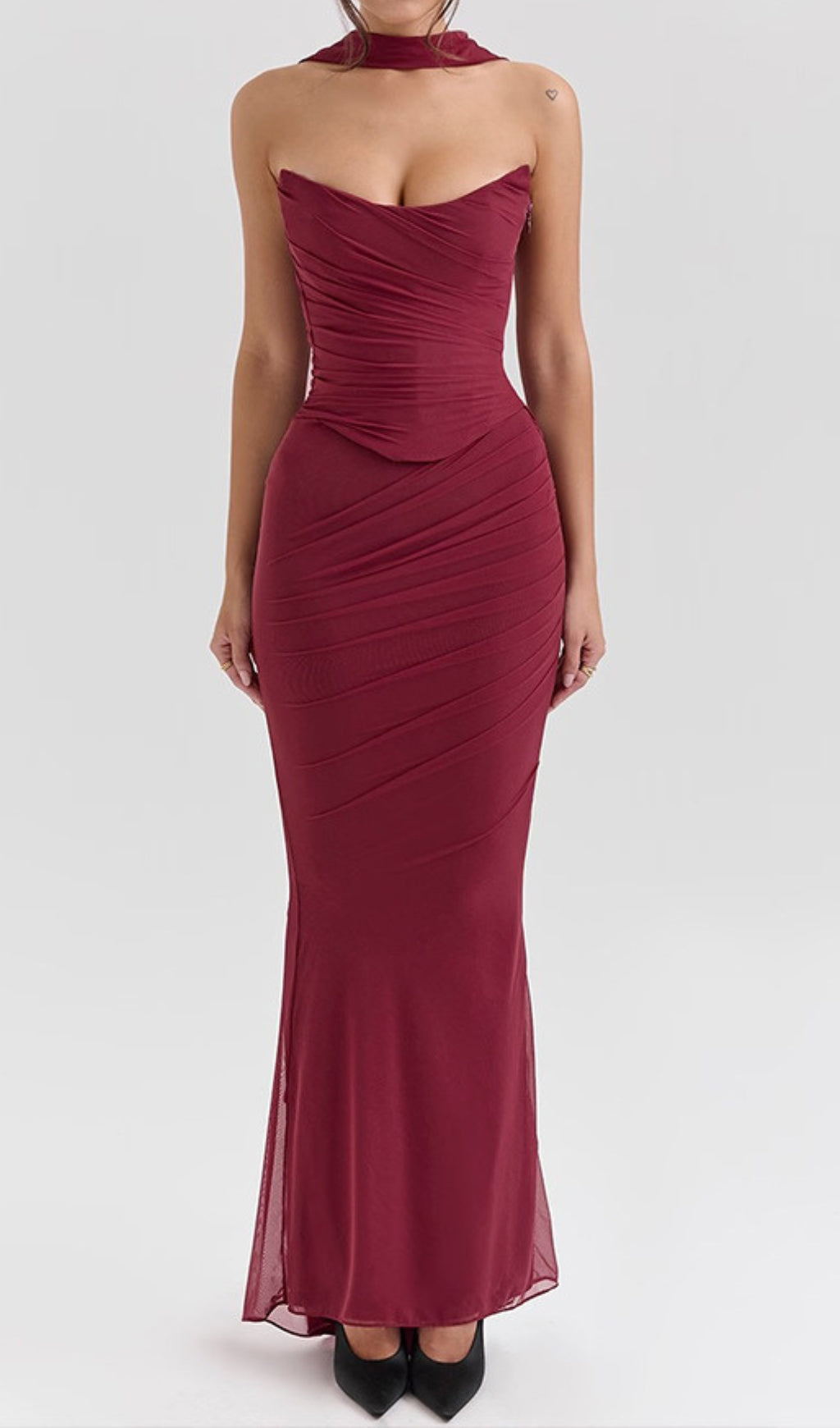 Barbie Wine Corset Top Fluted Hem Maxi Dress