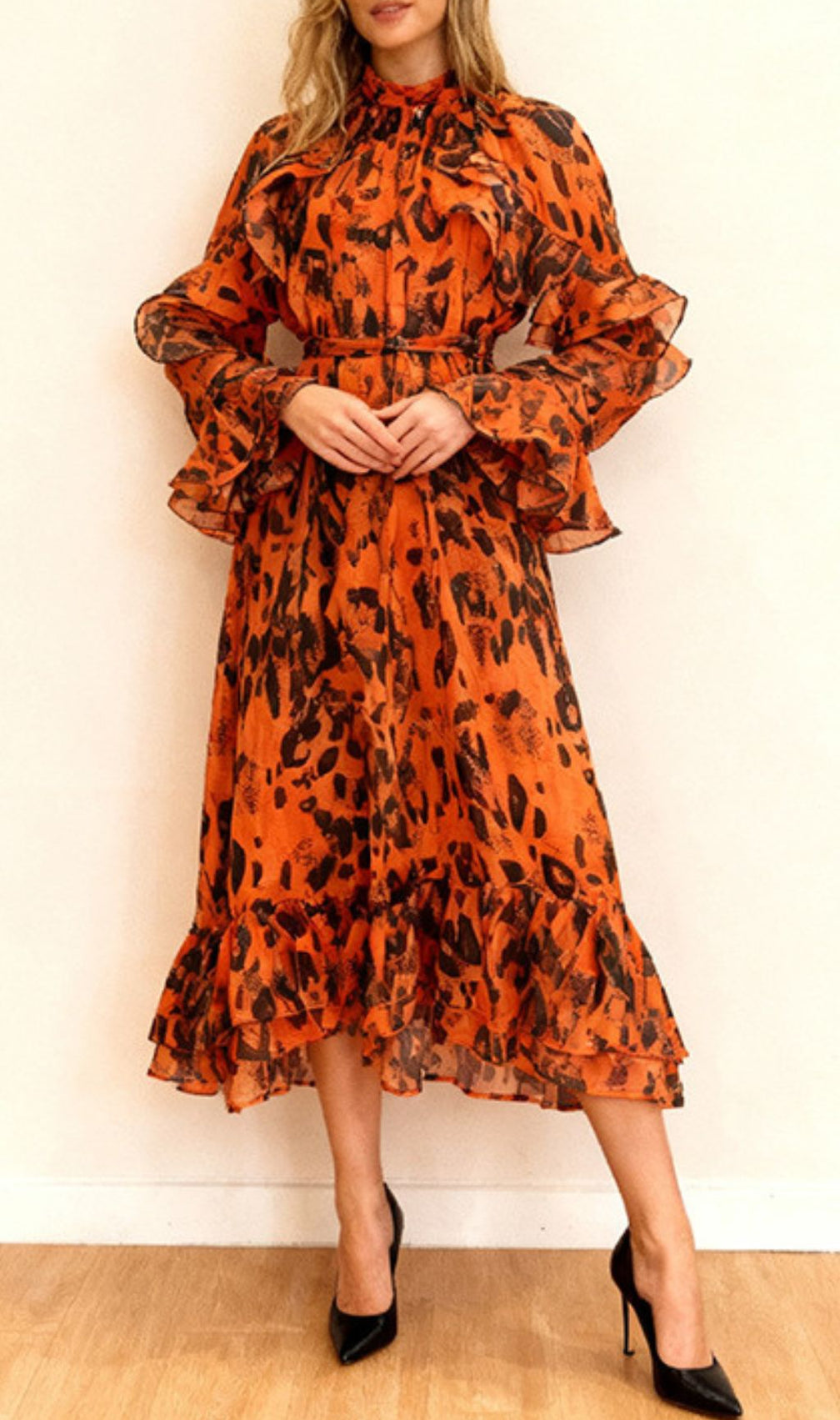 Chic Orange Leopard Ruffle Midi Dress | Long Sleeve Statement Style