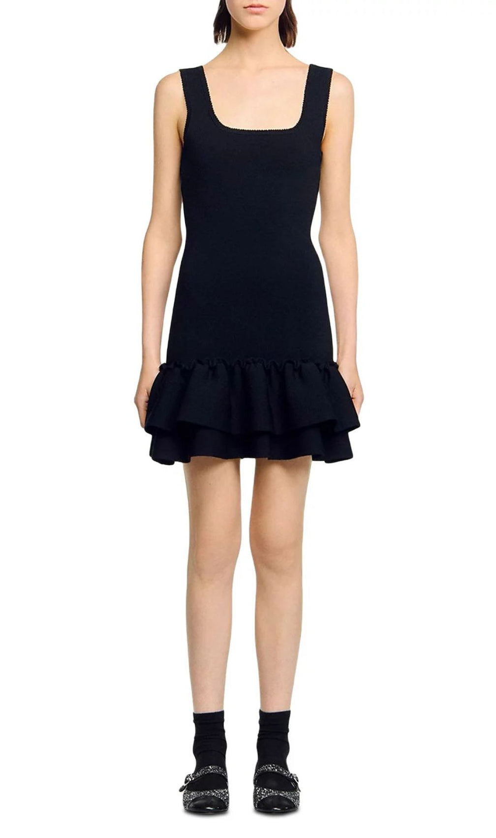 Modern Chic: Black Square Neck Ruffled Knit Mini Dress for Women