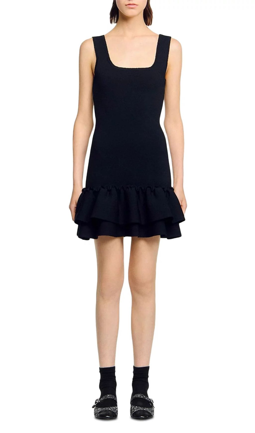 Modern Chic: Black Square Neck Ruffled Knit Mini Dress for Women