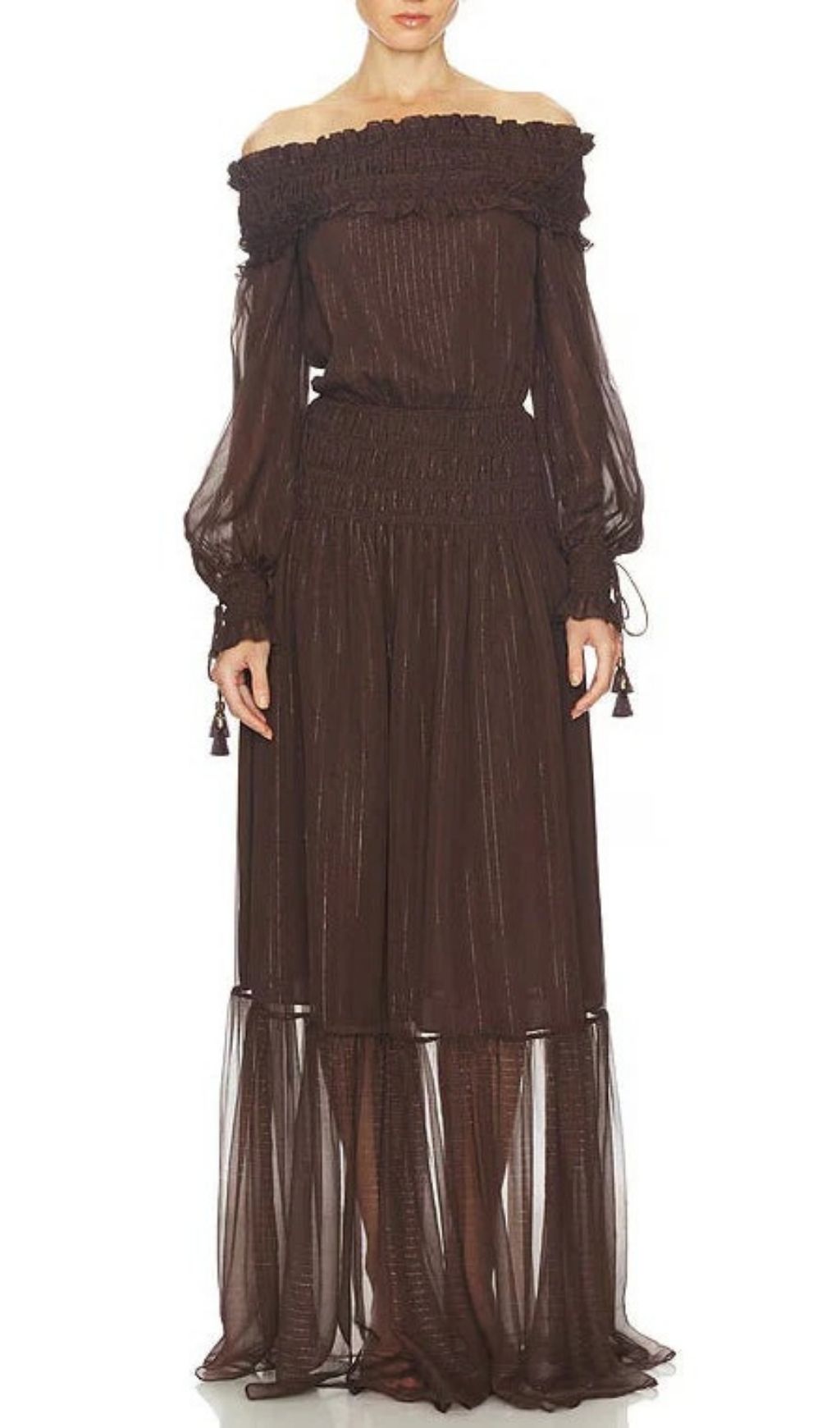 Tiffany Brown Off-shoulder Maxi Dress with Ruched Trim