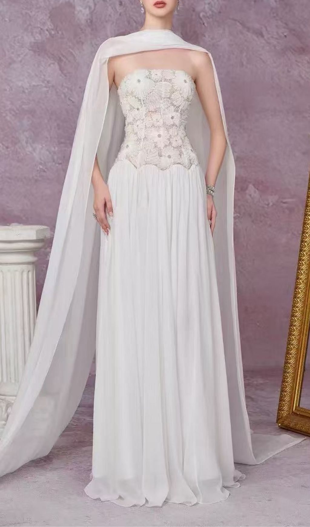 Kenley Ethereal White Floral Appliqué Strapless Maxi Gown with Flowing Cape