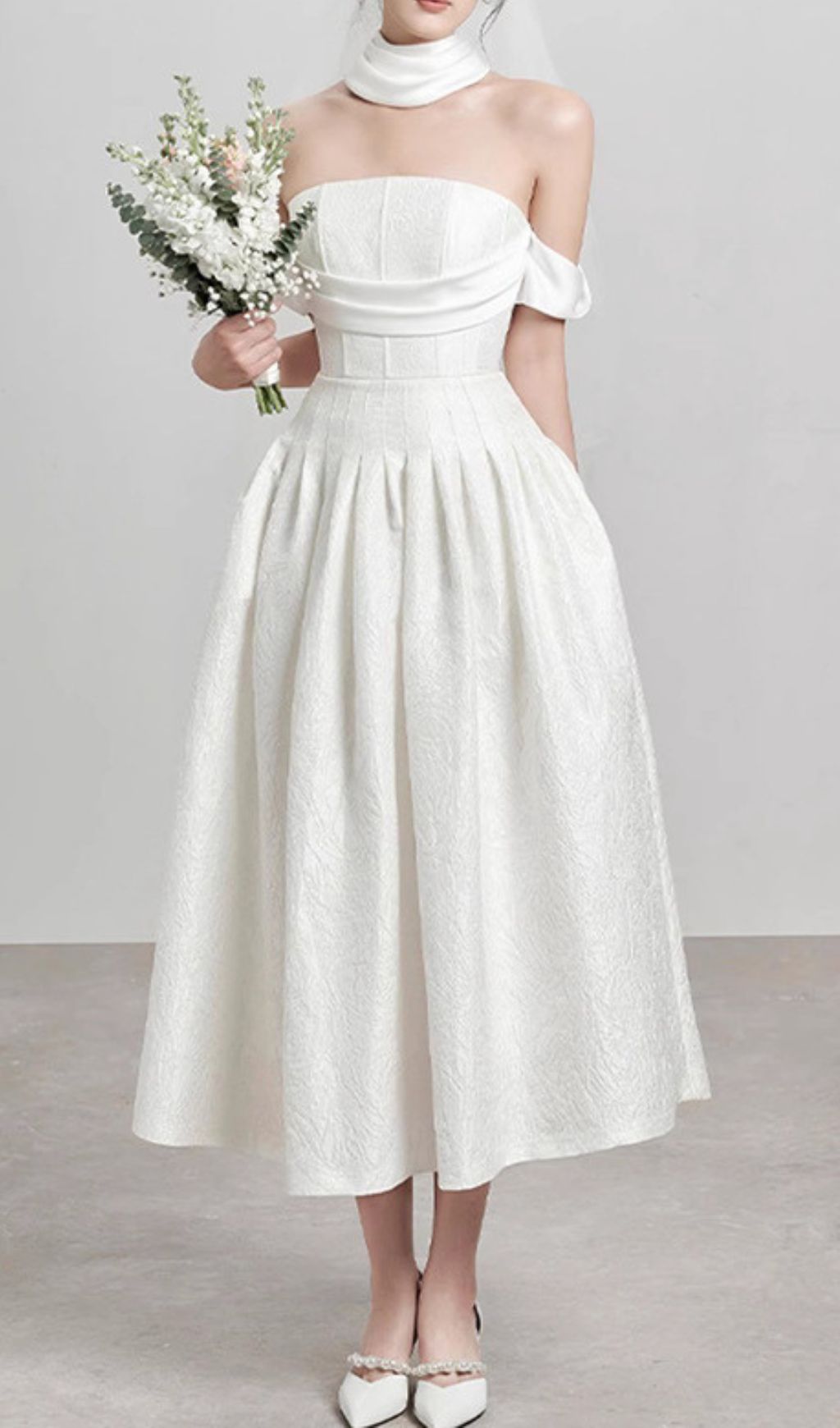 Jela Elegant White Corset Off-Shoulder Midi Dress with Pockets