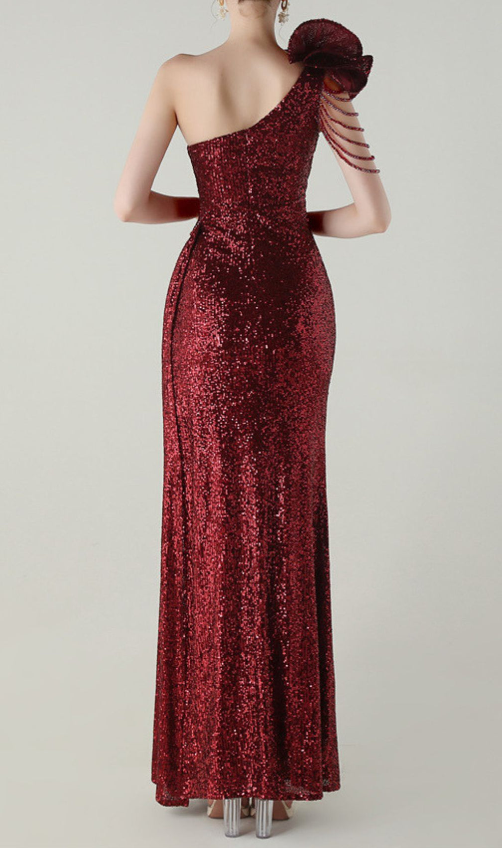 Ikia Glamorous Red Sequin One-Shoulder Maxi Dress with High Slit