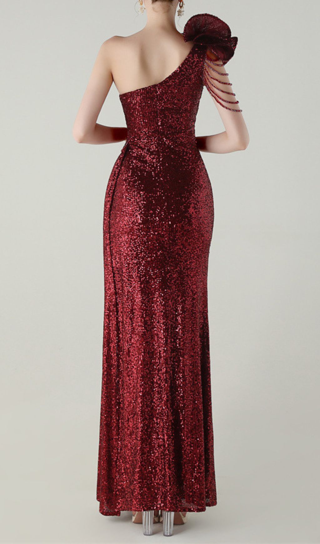Ikia Glamorous Red Sequin One-Shoulder Maxi Dress with High Slit