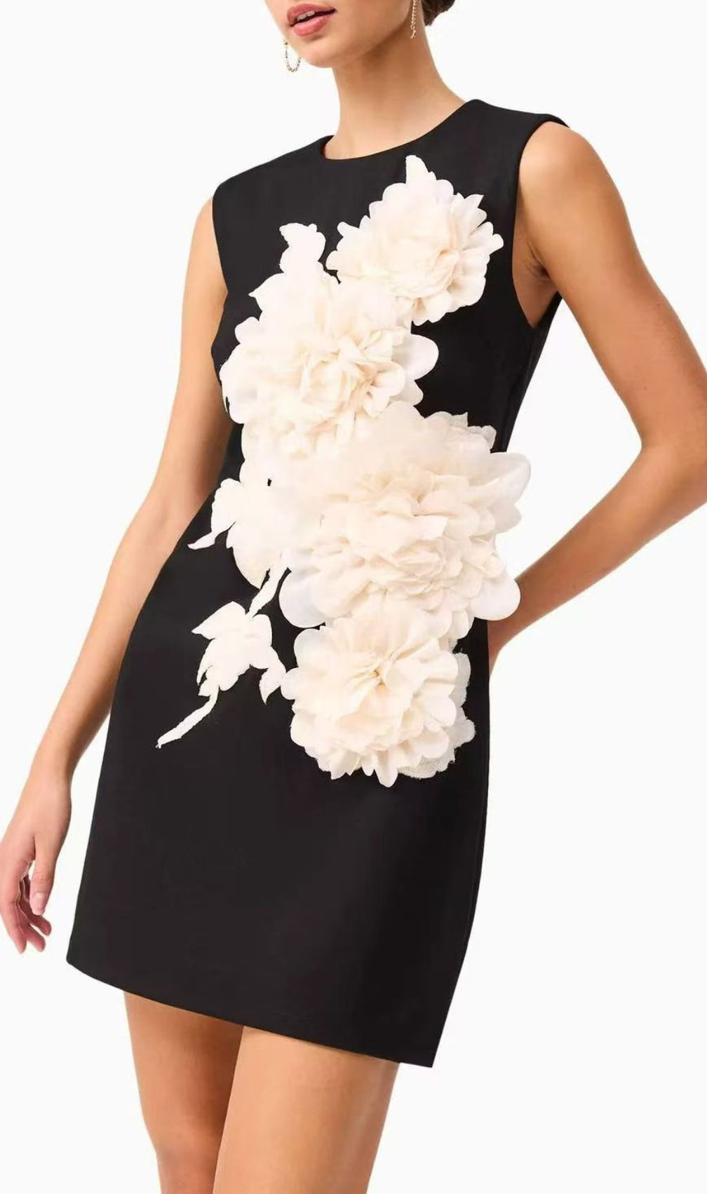 Jocasta Elegant Black Mini Dress with 3D Floral Appliqué