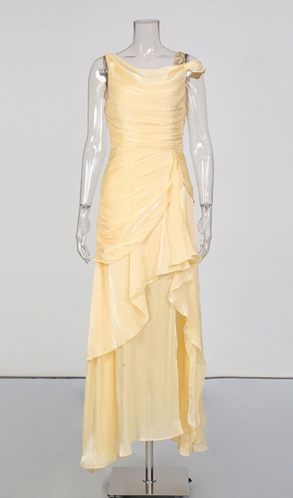 Kazuko Golden Hour Yellow Ruffle Maxi Dress - Elegant Draped Gown