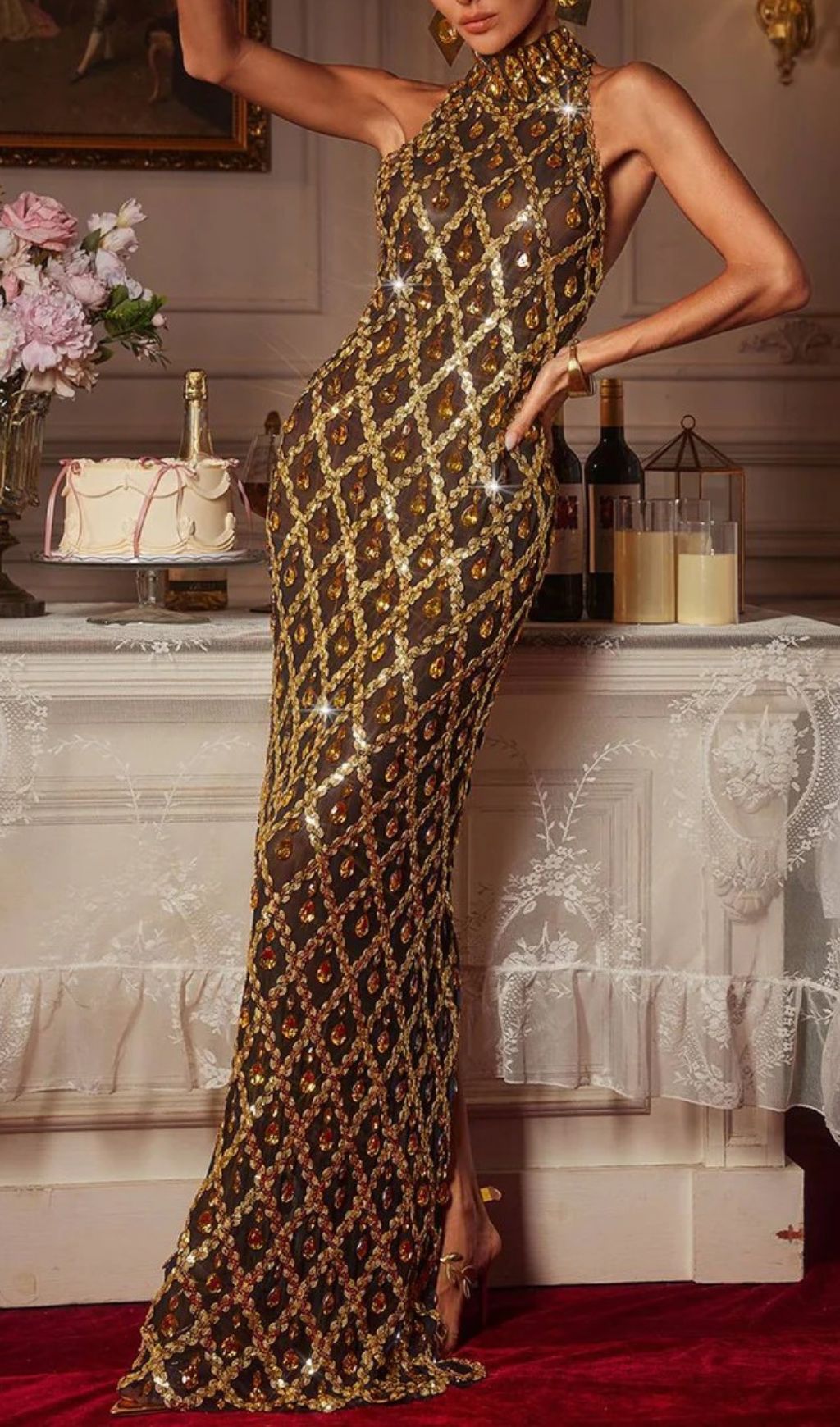 Liora Opulent Gold Sequin Crystal Halter Maxi Dress - Dazzling Gala Gown