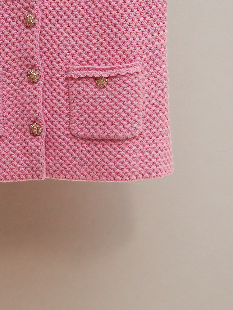 Chic Pink Knit Vest for Women | Elegant Scalloped Neckline & Gold Button Details