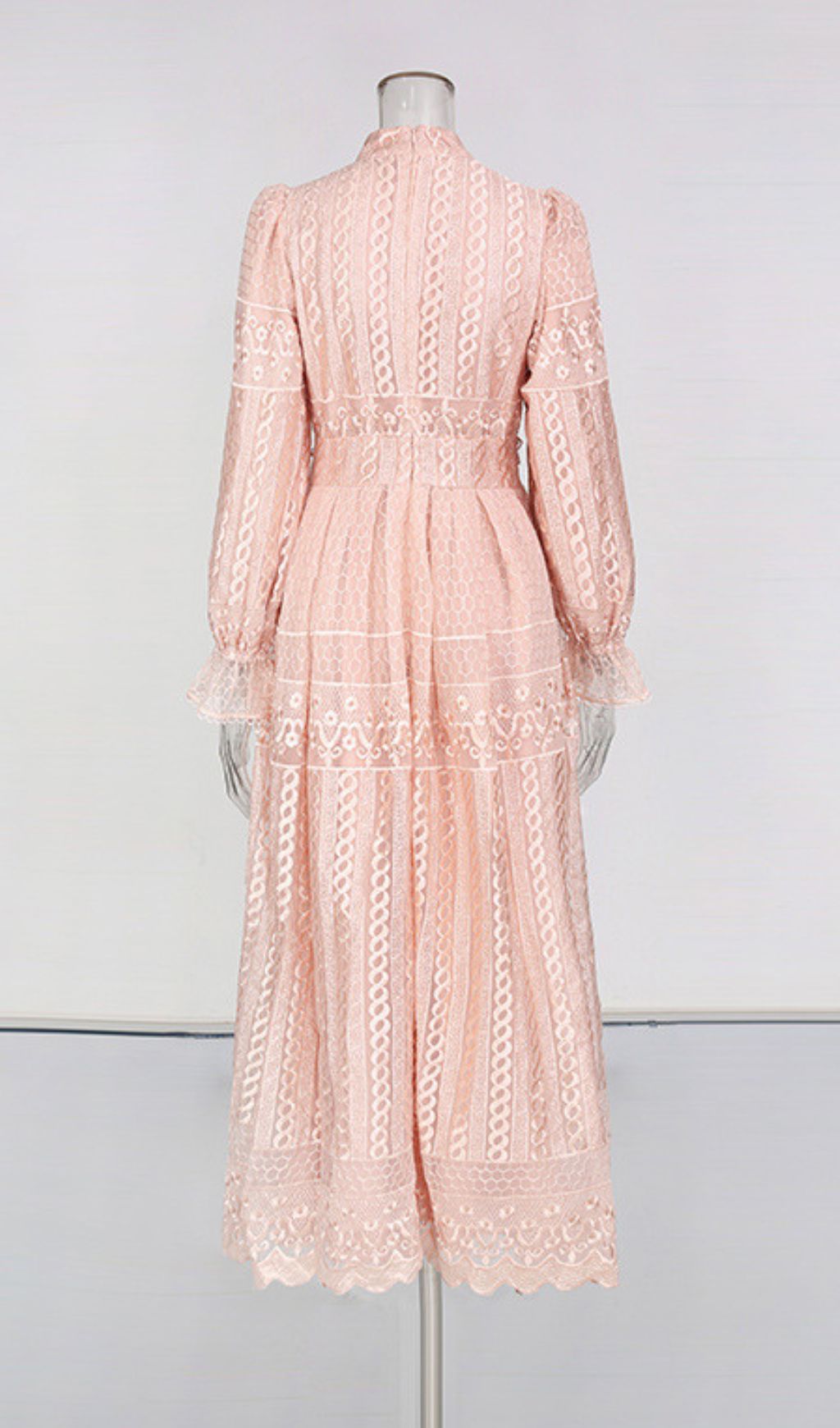 Ivah Romantic Blush Pink Floral Lace Midi Dress - Elegant Long Sleeve