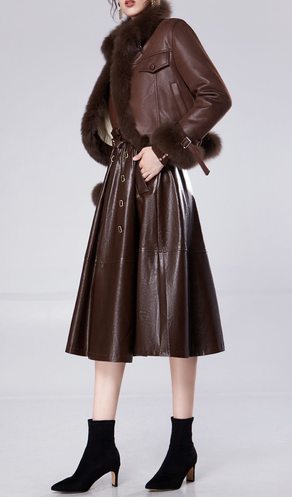 Hicks Luxurious Faux Leather & Faux Fur Trim Jacket & Midi Skirt Set | Chic Brown Winter Ensemble