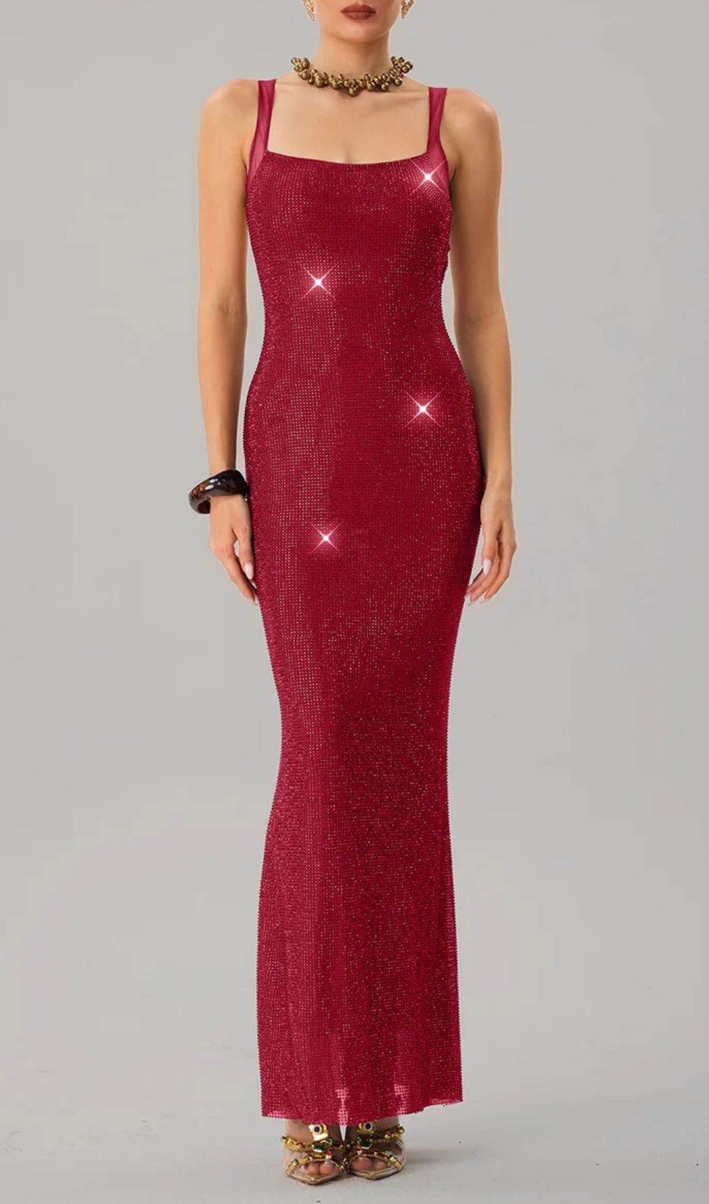 Dazzling Red Rhinestone Backless Maxi Dress | Sparkle & Glamour for Her
