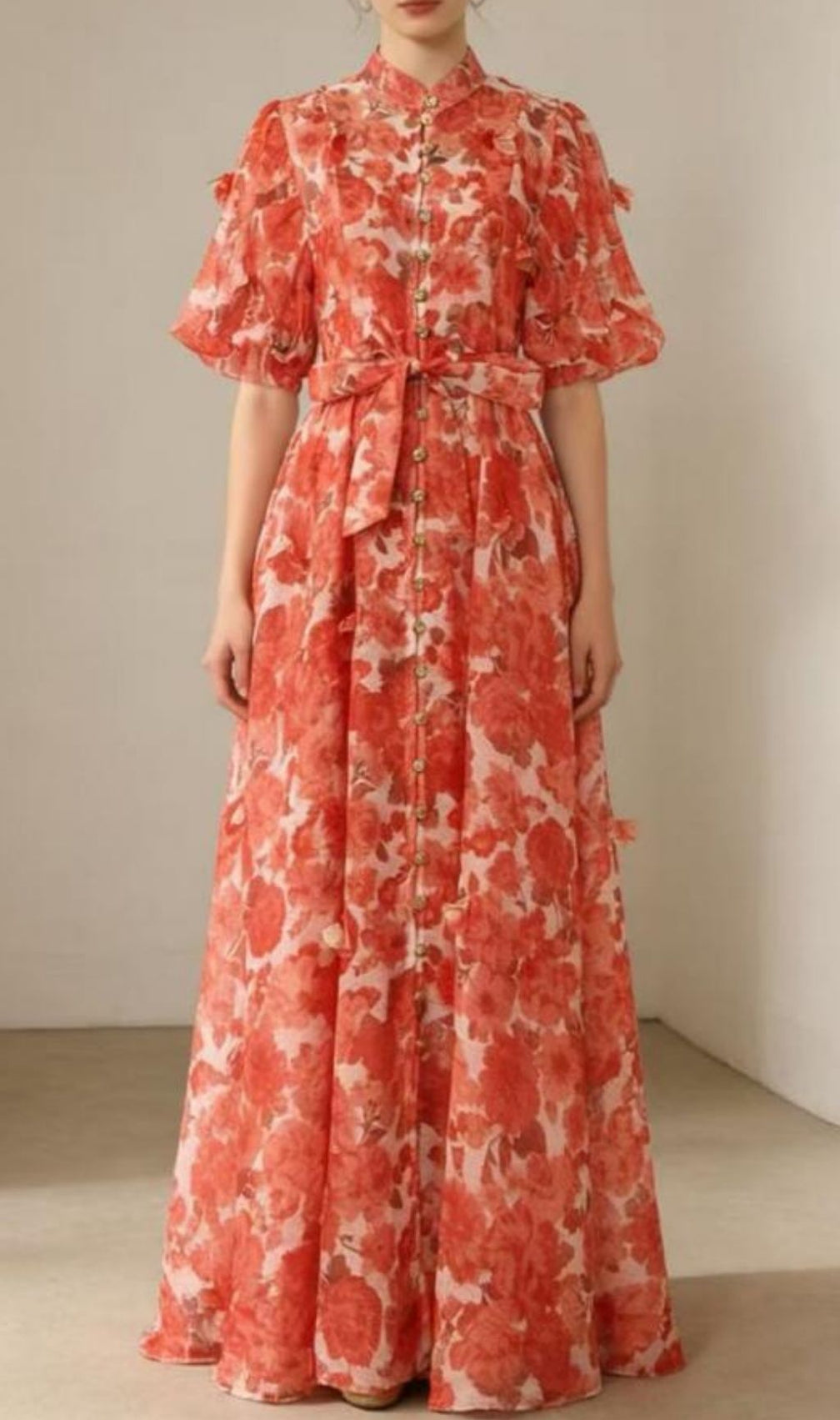 Karmela Romantic Floral Puff-Sleeve Maxi Dress - Elegant Button-Front Gown