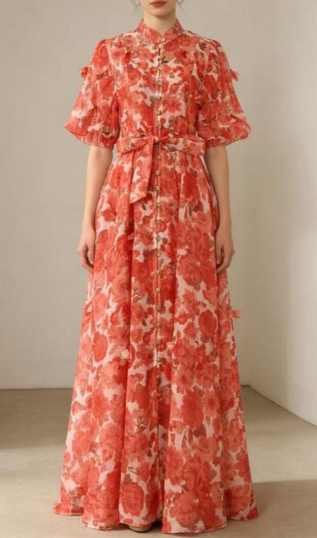 Karmela Romantic Floral Puff-Sleeve Maxi Dress - Elegant Button-Front Gown